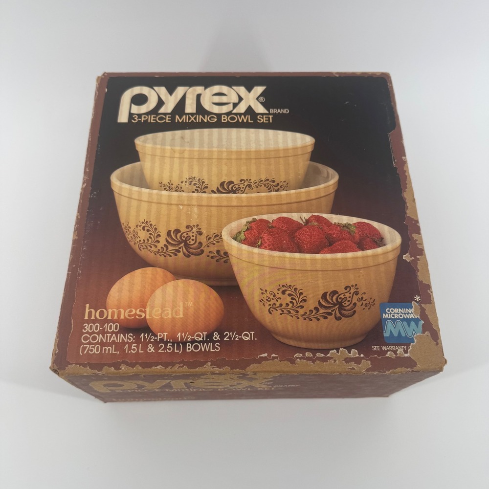 Vintage Pyrex Homestead Milk Glass 3 Piece Mixing Bowl Set in Box Brown Floral